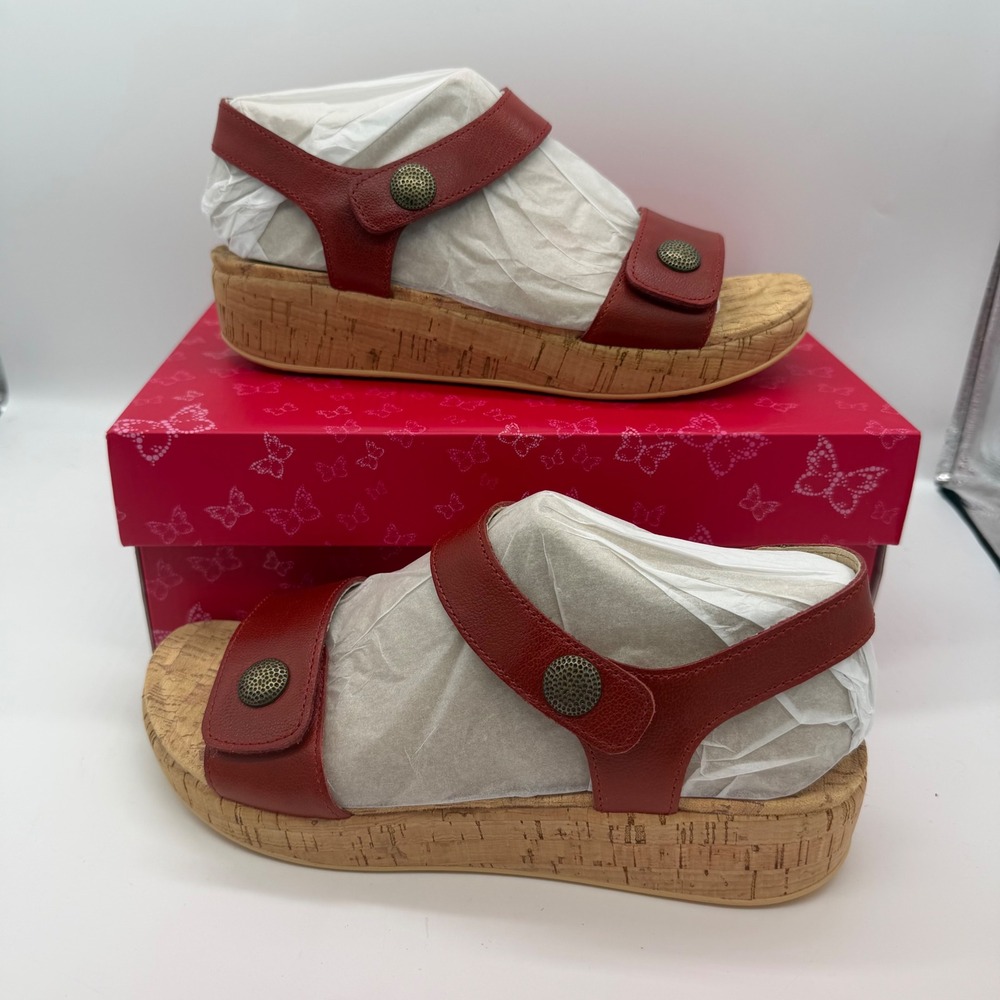 Alegria Marta Garnet‎ Red Leather Cork Wedge Platform Sandals 38 US 8-8.5 New